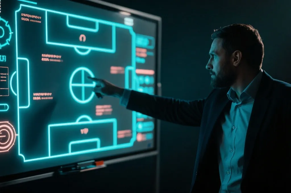 A professional soccer analyst pointing at tactical board with glowing digital data overlays