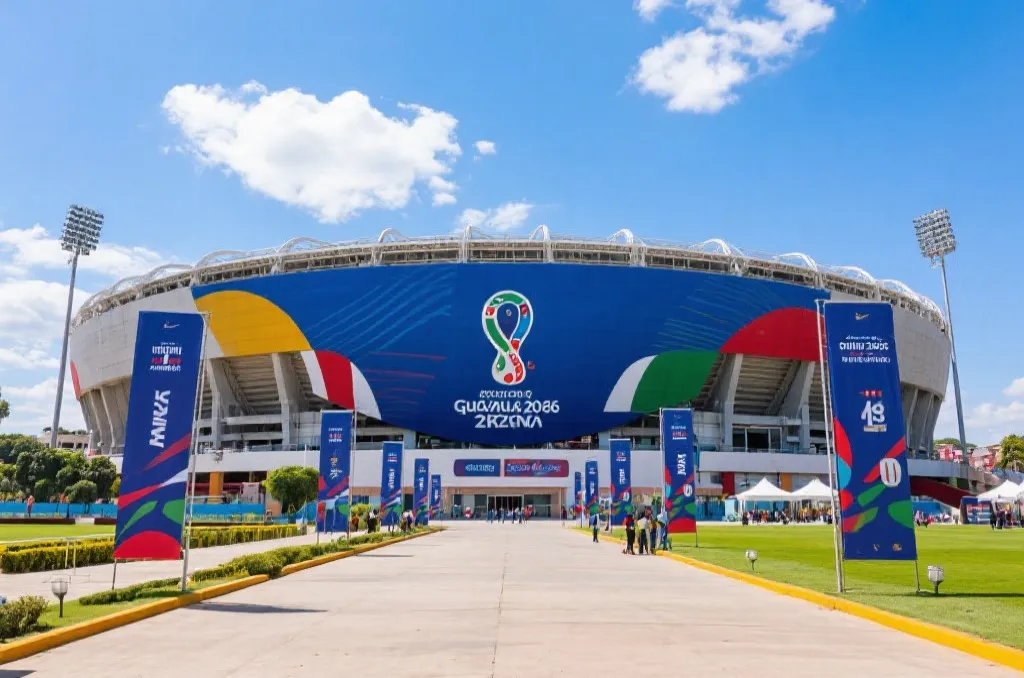 2026世界杯瓜达拉哈拉阿克伦体育场外景,阳光明媚,充满大赛氛围